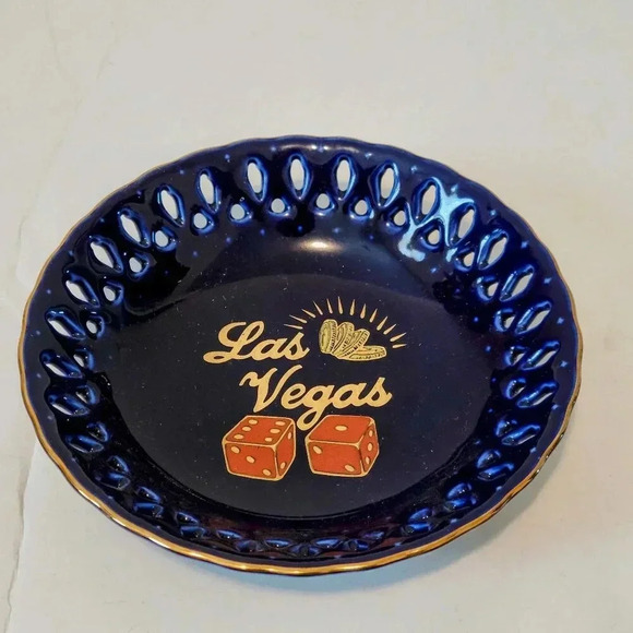 Vintage Las Vegas Ashtray Bowl 5 1/2" Blue Gold Dice - Picture 1 of 3